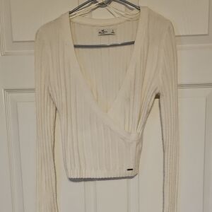 Hollister Cream Ribbed Faux Wrap Sweater